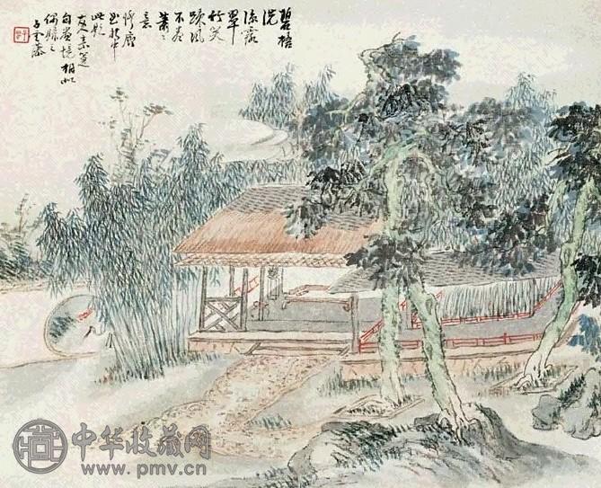 西门藻 竹林草堂 镜心 设色纸本