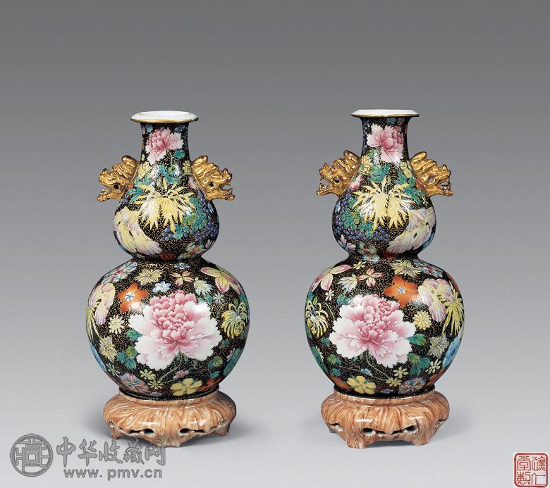 民国 万花不落地龙耳连座葫芦瓶(1对)