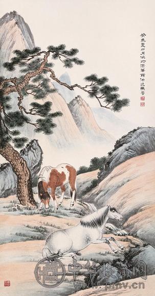 马晋 1943年作 双马图 立轴 设色纸本