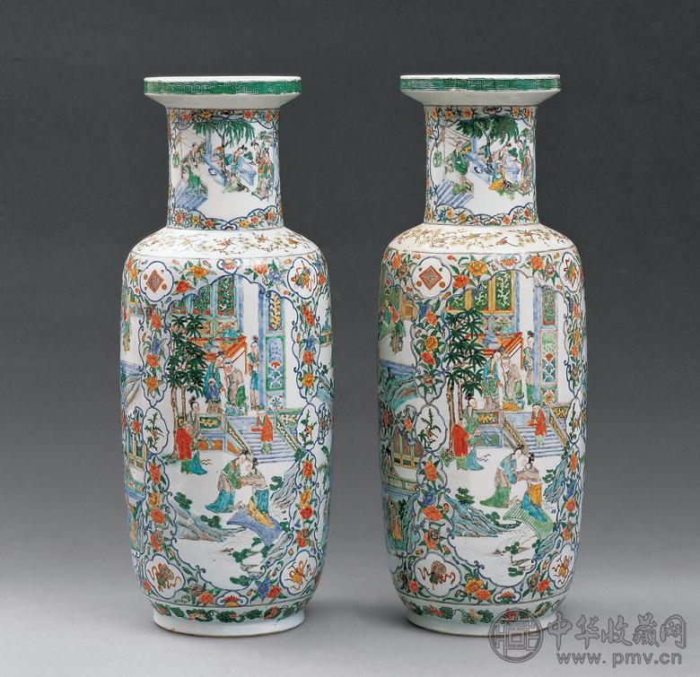 清 五彩开光仕女纹宝字瓶(2件)