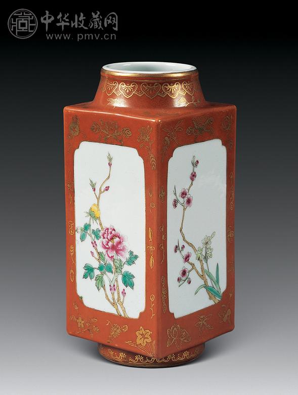 民国 珊瑚地粉彩开光四季花卉琮式瓶