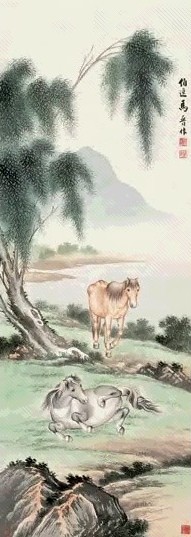 马晋 郊荫嬉骏 立轴 设色纸本