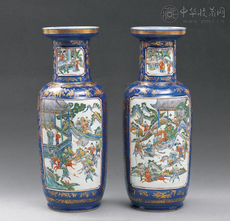 清 霁蓝描金开光三国人物纹棒槌瓶(2件)