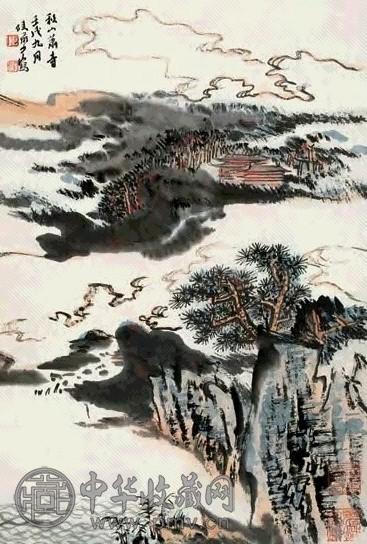 陆俨少 1982年作 秋山萧寺 立轴 设色纸本