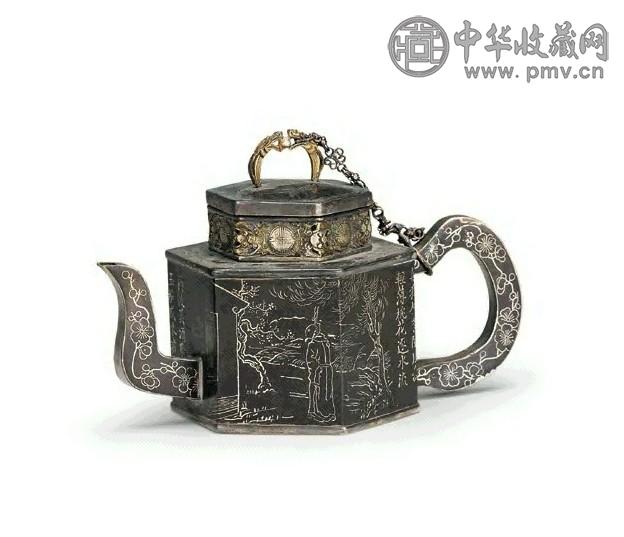 清 银錾花龙凤纹执壶