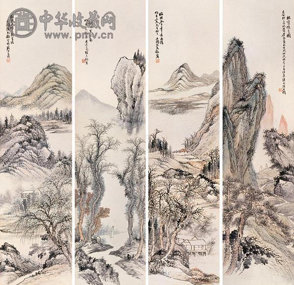 张石园 山水 四屏 设色纸本