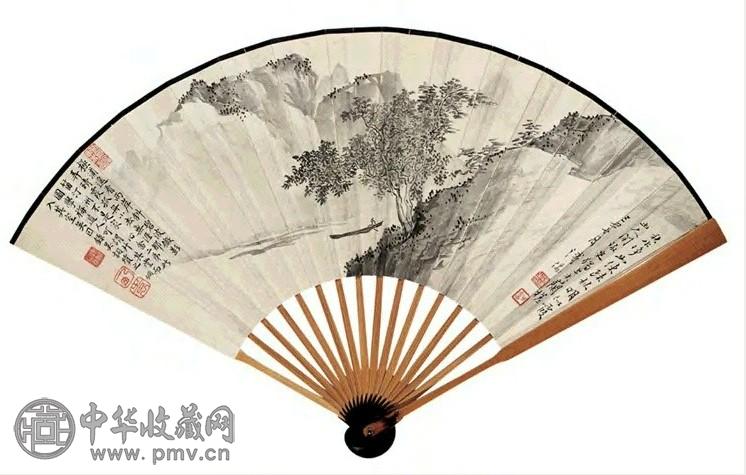 溥儒 秋水泛棹图并风竹图 成扇