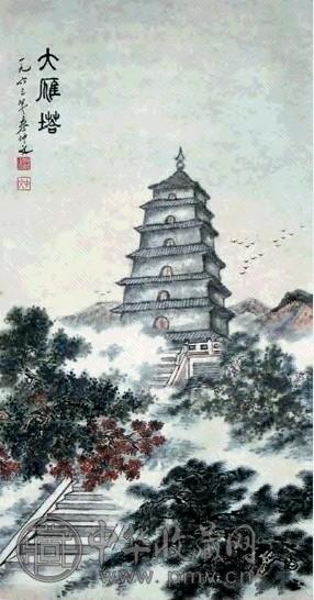 秦仲文 大雁塔 立轴 设色纸本