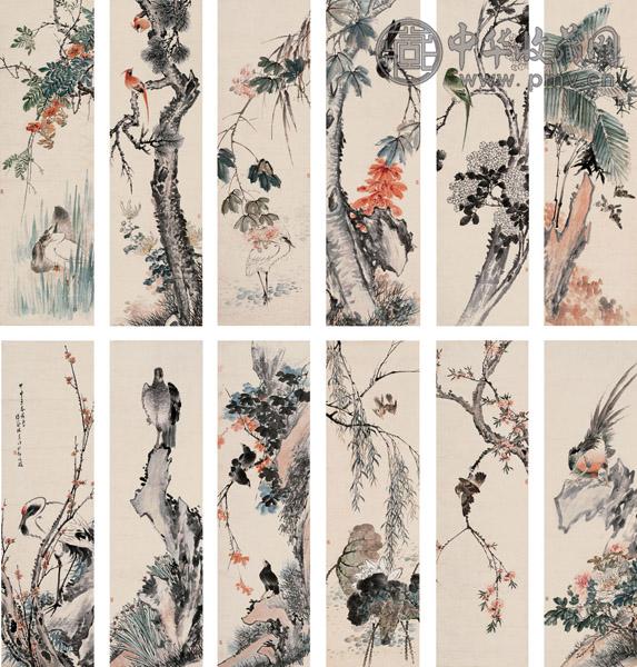 陈兰 花鸟 十二屏 设色纸本