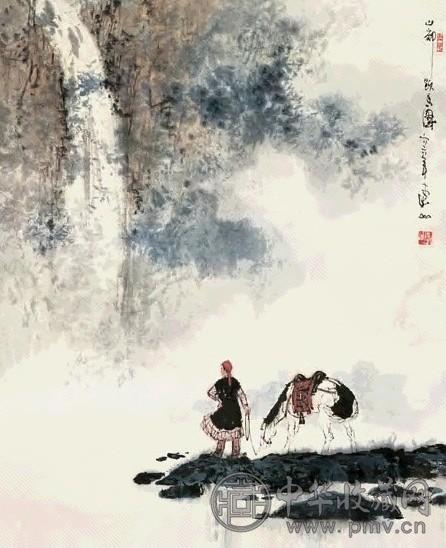 李山 1985年作 饮马图 轴 设色纸本