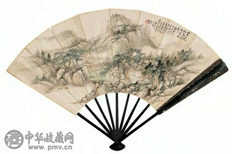 顾颐 戊辰(1928年)作 携琴访友 成扇 设色纸本