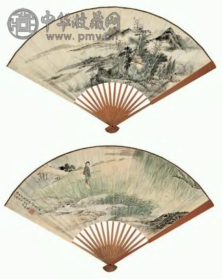 厉国香 霜林秋晚图并汲水图 扇面 设色纸本