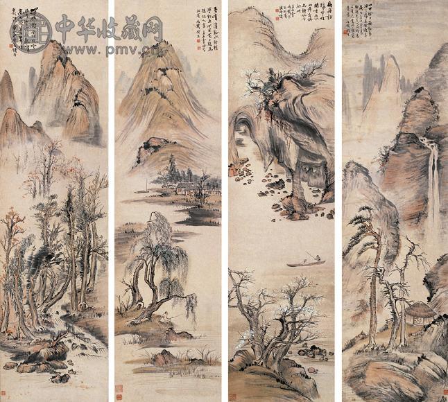 钱瘦铁 辛未(1931年)作 山水 四屏 设色纸本