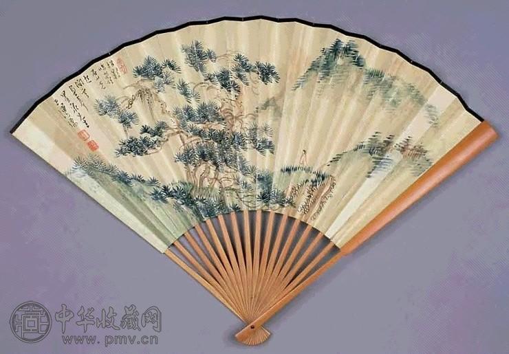 溥儒 松影涧云图 扇面 设色纸本