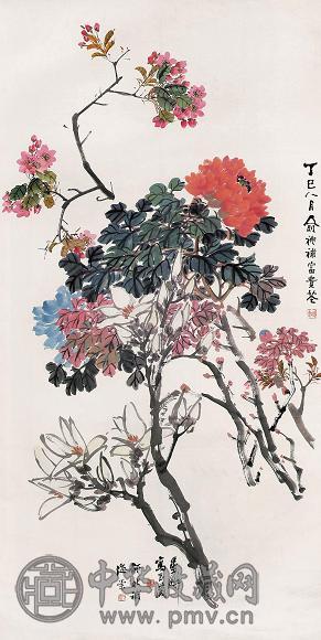 倪田 等 丁巳(1917年)作 富贵花开 立轴 设色纸本