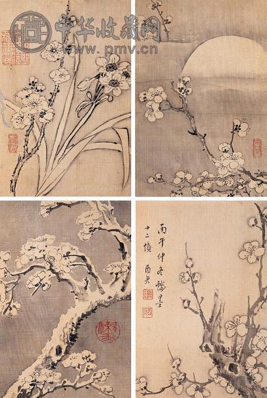 蒋廷锡 丙午(1726年)作 梅花图 册页(12开选4) 水墨绢本