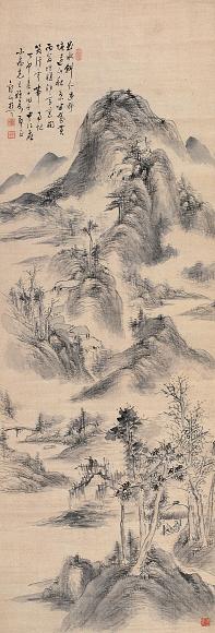 徐溶 1867年作 溪山高士图 屏条 水墨绫本