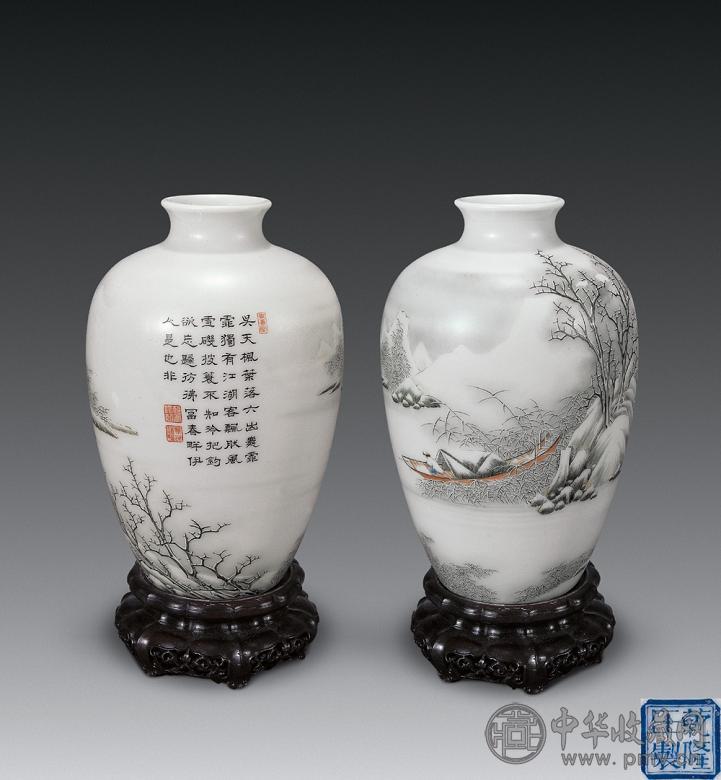 民国 珐琅彩雪景渔隐诗文瓶