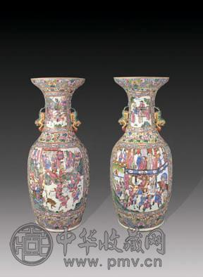 清 粉彩开光人物狮耳瓶(2件)