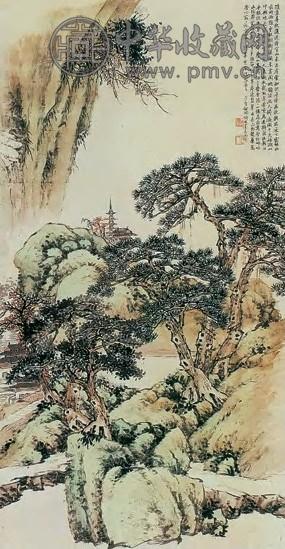 胡佩衡 松林古刹 轴 纸本设色