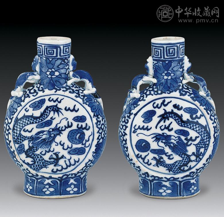 清光绪 青花龙纹扁瓶(1对)