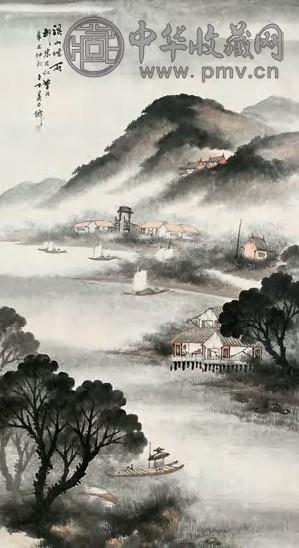 吴石仙 1901年作 溪山烟雨 立轴 设色纸本