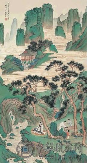 黄山寿 1918年作 青绿山水 立轴 设色纸本