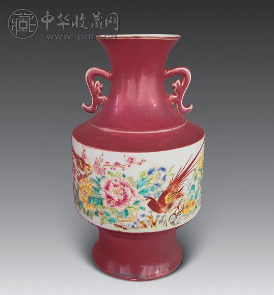 清末-民国 粉彩花鸟双耳瓶