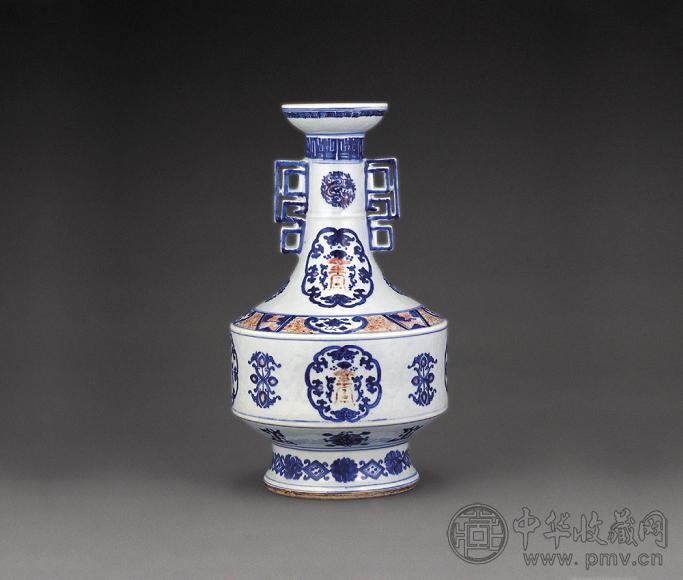 清雍正 青花釉里红开光寿字纹洗口瓶