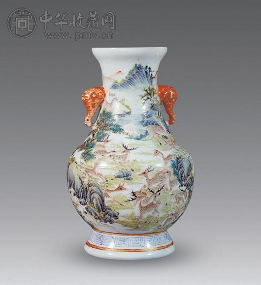 清 粉彩百鹿纹双耳瓶