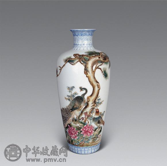 民国 粉彩花鸟御题诗瓶