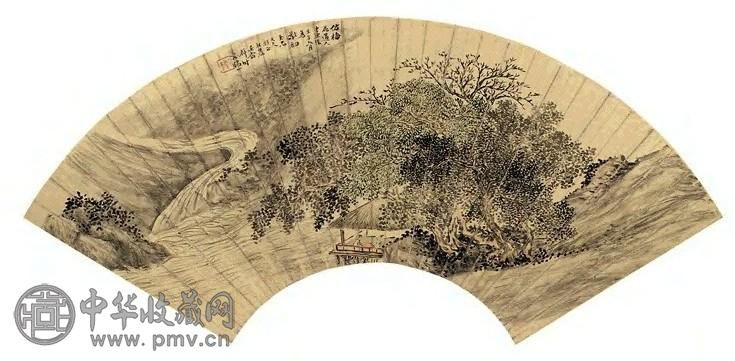 吴穀祥 1882年作 山泉涛声图 扇面 金笺设色