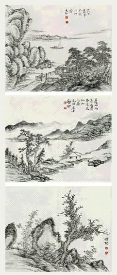 启功 乙酉(1945年)作 山水三帧 (3幅) 镜框 水墨纸本