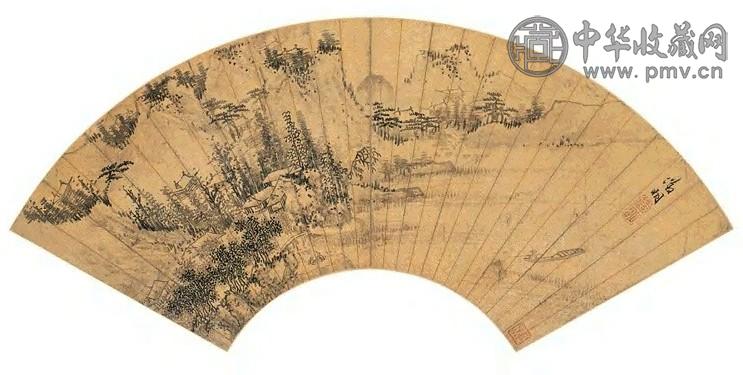 文徵明 秋江独钓 扇面 水墨金笺