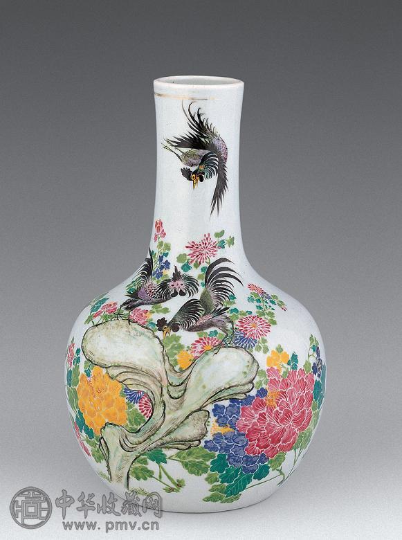 民国 浅绛彩花鸟天球瓶