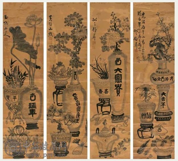 中国古美術★純手描き四条屏・八仙図画芯★国画・唐寅印款・肉筆・宣紙・带水印・文房 中国古美術☆純手描き四条屏・八仙図画芯☆国画・唐寅印款・