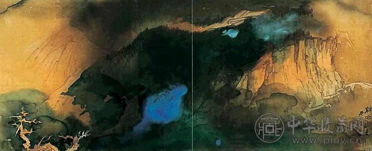 张大千 1970年作 谿桥晚色 镜框 绢本设色