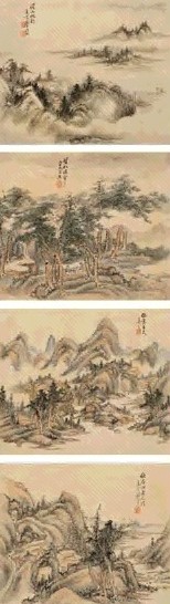 张乐天 山水 册页(12开选4) 设色纸本