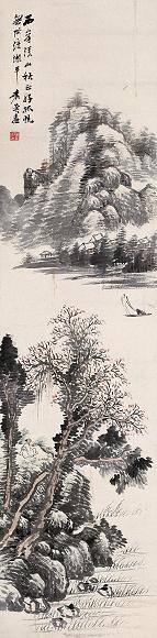 赵荃 平湖孤帆 立轴 设色纸本