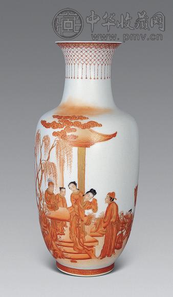 民国 矾红加金人物题诗瓶