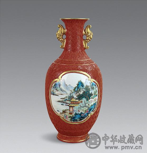 民国 仿大漆釉开光粉彩山水人物纹双耳瓶