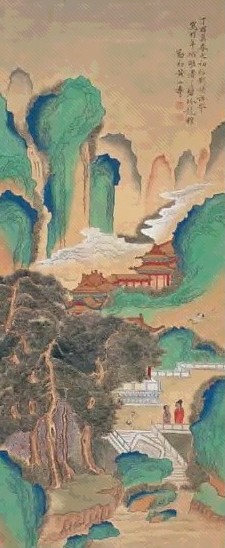 黄山寿 丁酉(1897年作) 青绿山水 屏轴 设色绢本