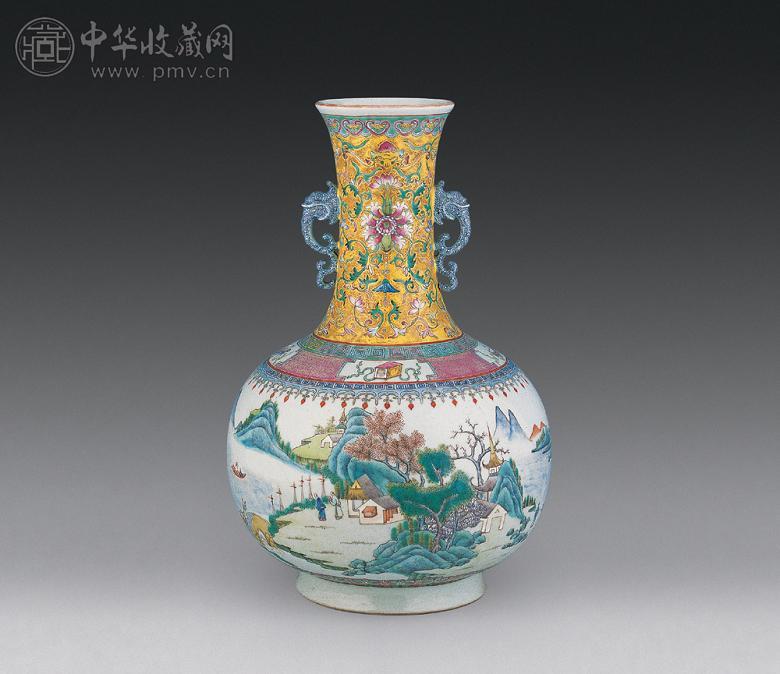 民国 粉彩通景山水人物螭耳赏瓶