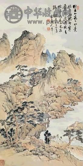 陈半丁 溪阁待客图 立轴 设色纸本