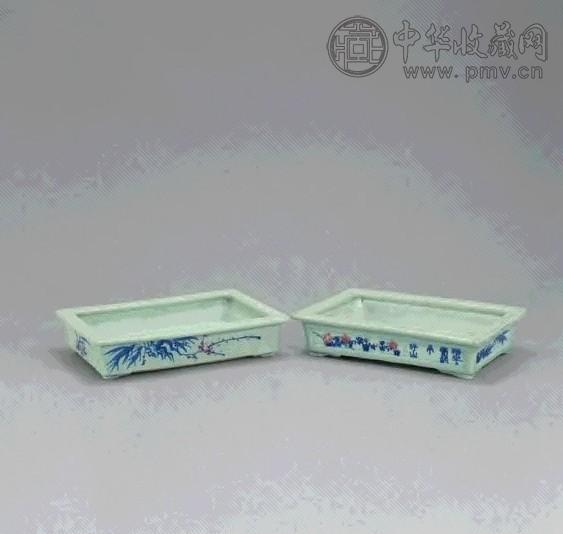 清乾隆 豆青地青花釉里红书画水仙盆(1对)