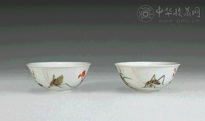 民国 粉彩草虫花卉碗(1对)