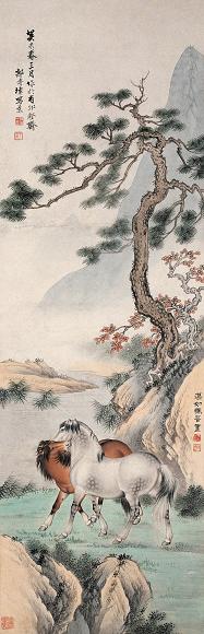 马晋 郭傅璋 双马图 立轴 设色纸本