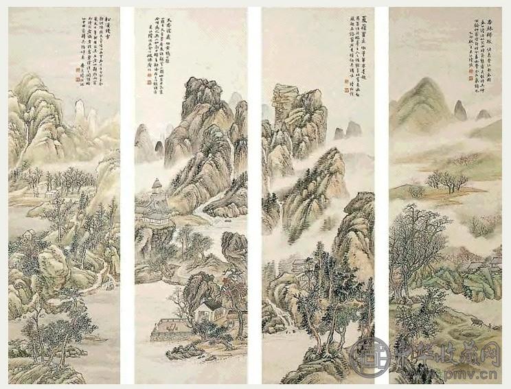 近代 陆恢 四季山水 四屏