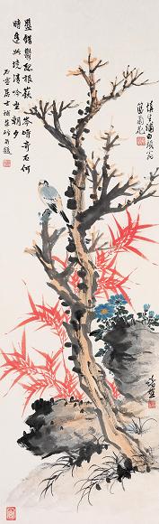 汪慎生 萧谦中 石雪居士 花鸟图 立轴 设色纸本