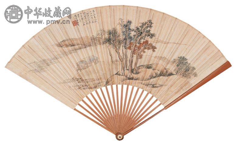 汪洛年 散原 1920年作 设色山水 行书 成扇 设色纸本